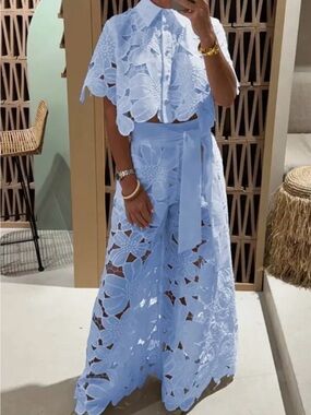 Light Blue Floral Eyelet Two-Piece Set